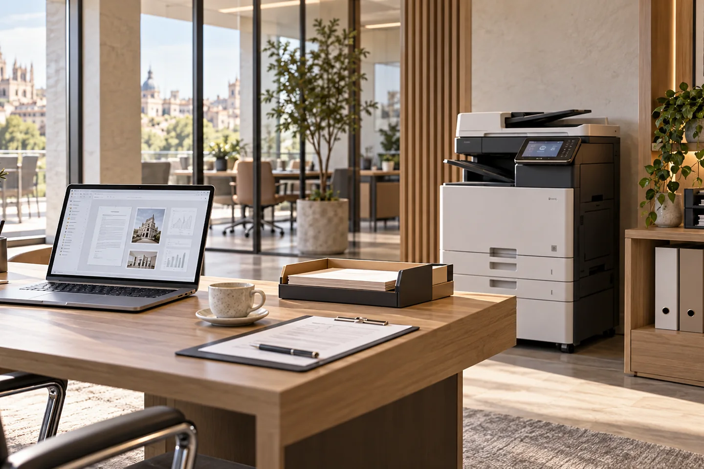 Espace de travail avec multifonction professionnel, ordinateur et documents pour un projet de dématérialisation
