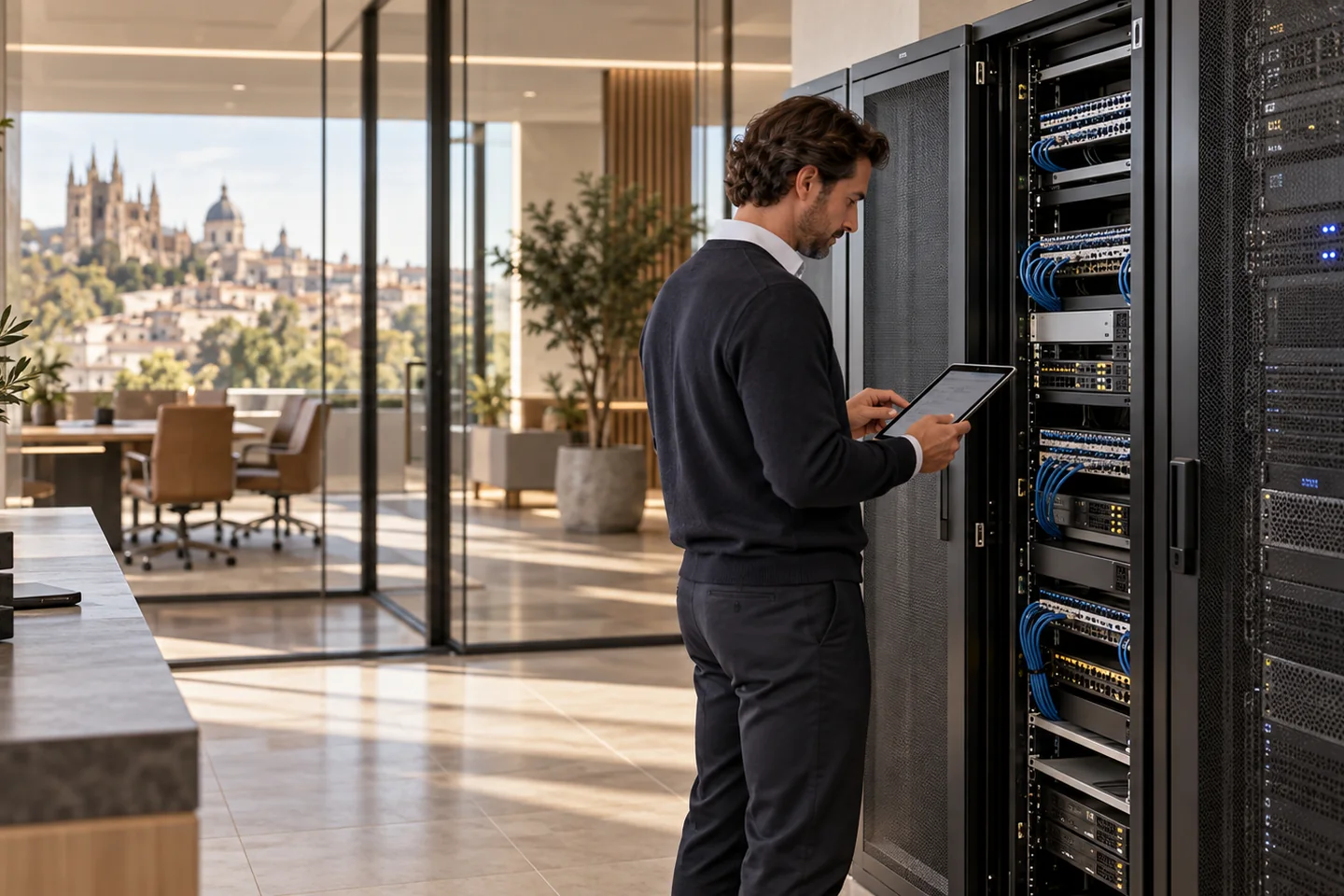 Technicien IT contrôlant une infrastructure réseau et des serveurs professionnels