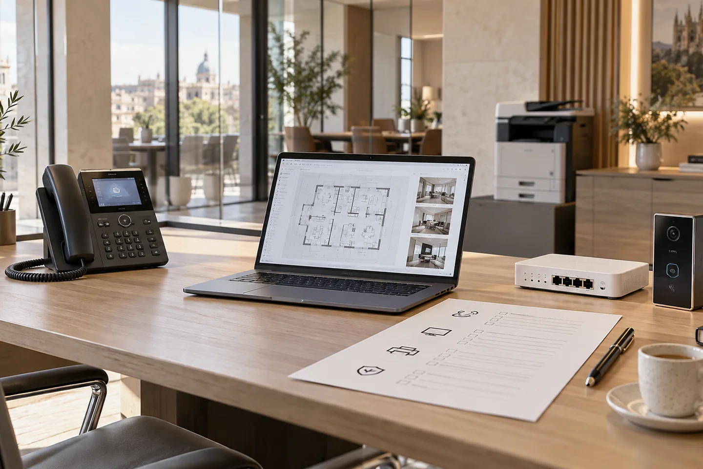 Bureau professionnel en préparation avec téléphonie, réseau, ordinateur, impression et contrôle d’accès