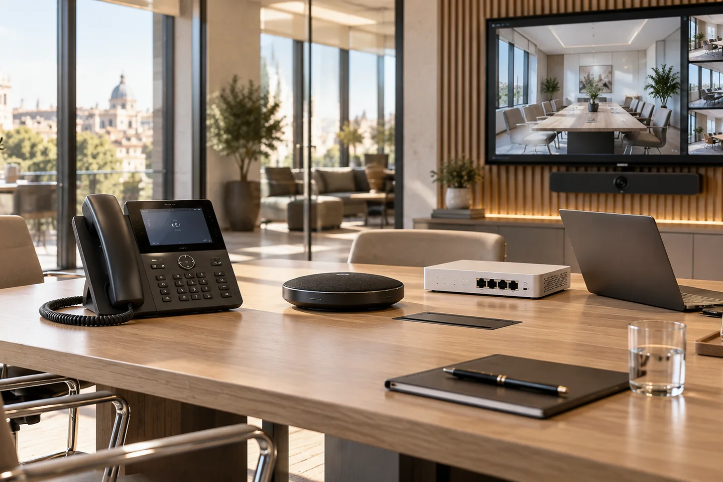 Salle de réunion équipée pour téléphonie d’entreprise et visioconférence